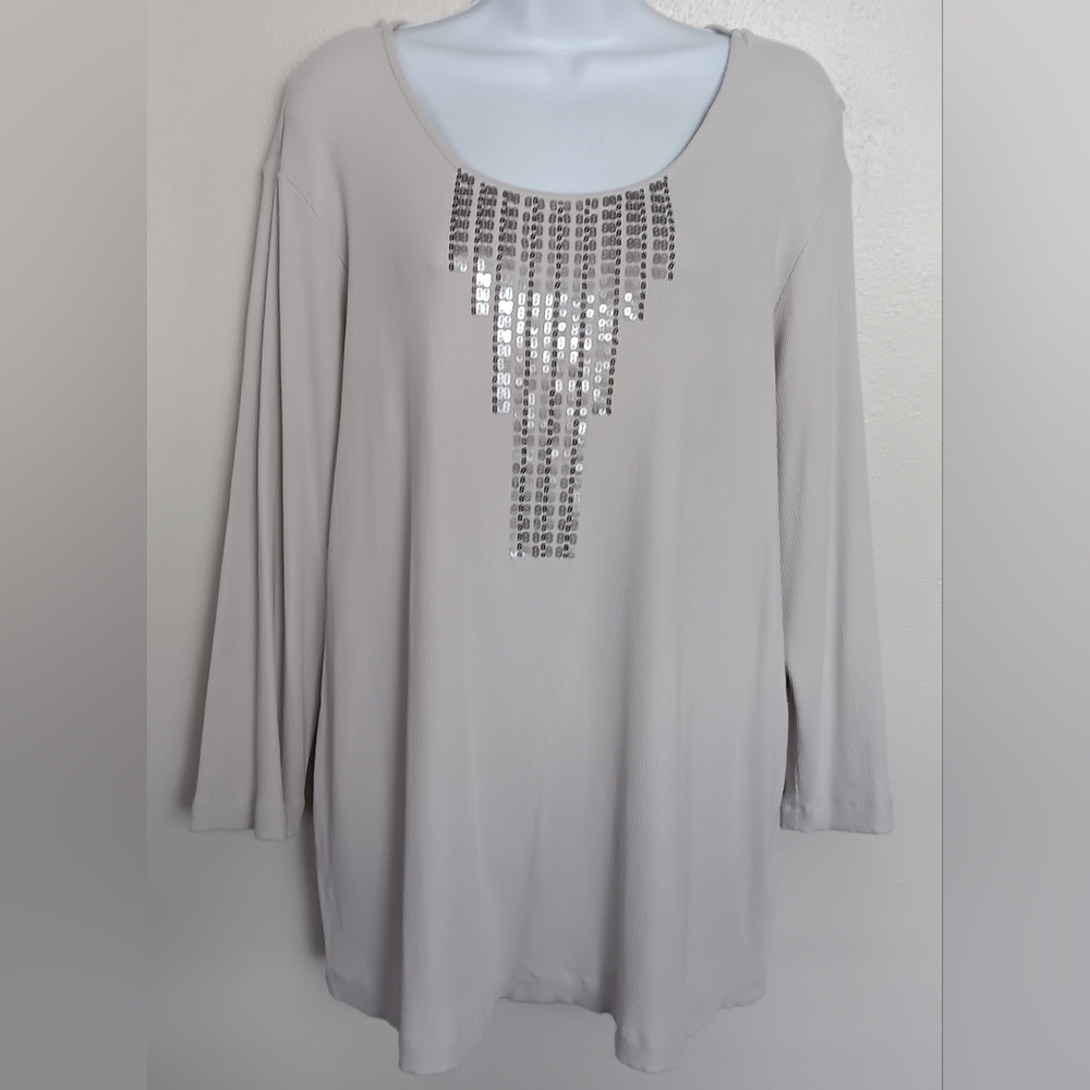 Zenergy By Chico's Sequined Embellished Women's GrayTop 3/4 Sleeve Sz 3 (16 US )